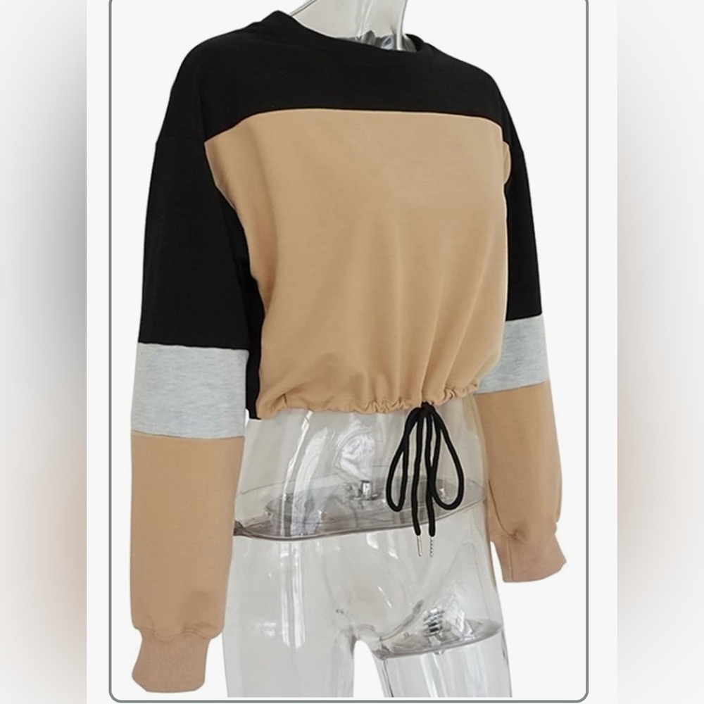 Color Block Lace Up Hem Crop Sweatshirt Casual Long Sleeve Top - Picture 5 of 6